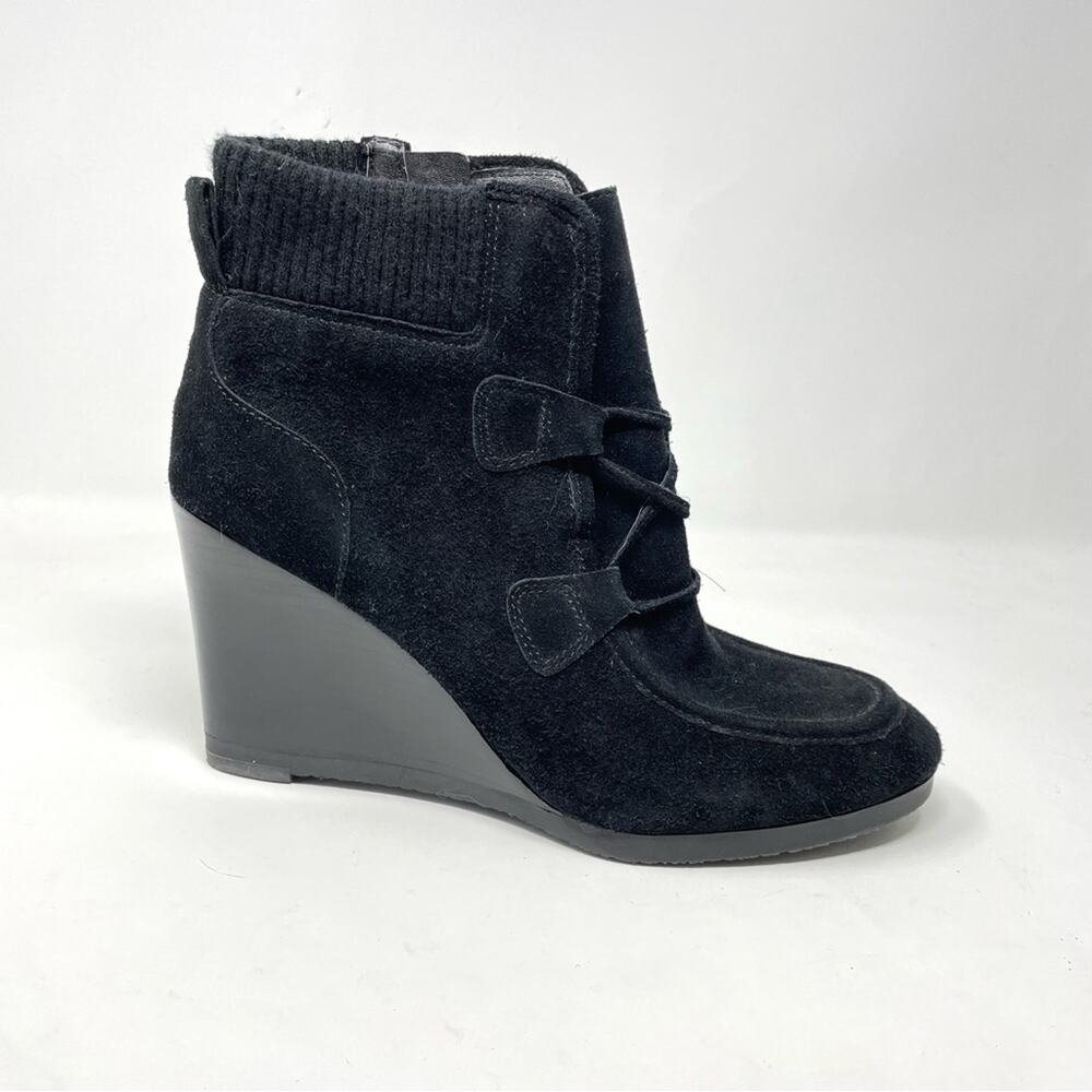 Franco Sarto Black Suede Westerly Wedge Tassels Ankle Booties Boots womens 10